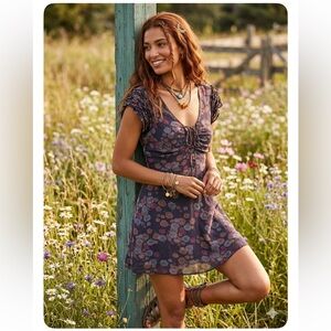 Free People Floral Lace-Up Mini Dress Dark Purple Boho Rayon Size 2